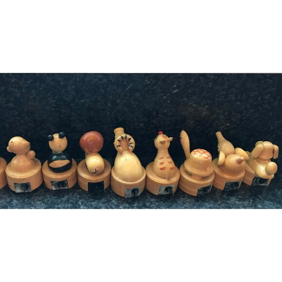 Set of 8 Vtg Wooden Pencil Sharpeners E552 Monkey Panda Bear Lion Ram Cat Turtle - Picture 2 of 10